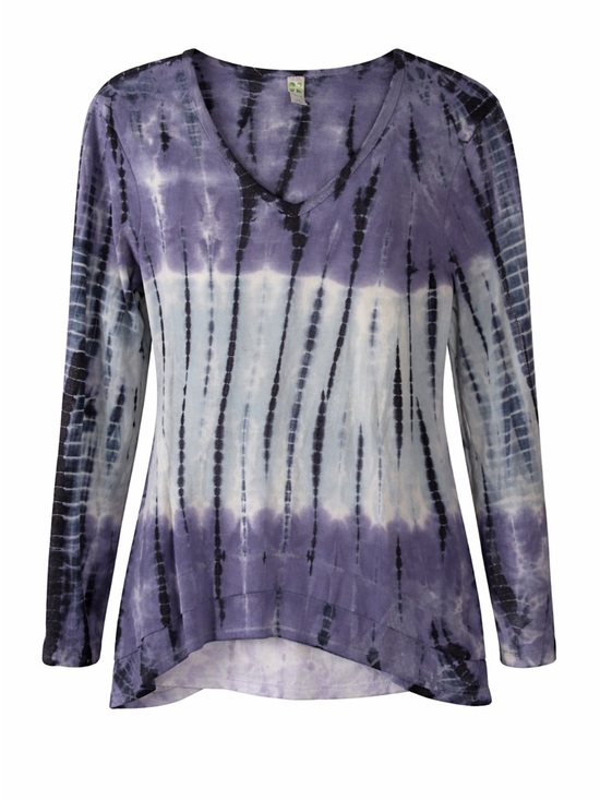 GreenTea Tops - Tie-Dye V-Neck Long Sleeve Top - Purple Blue Boho Lightweight Women’s Shirt XL